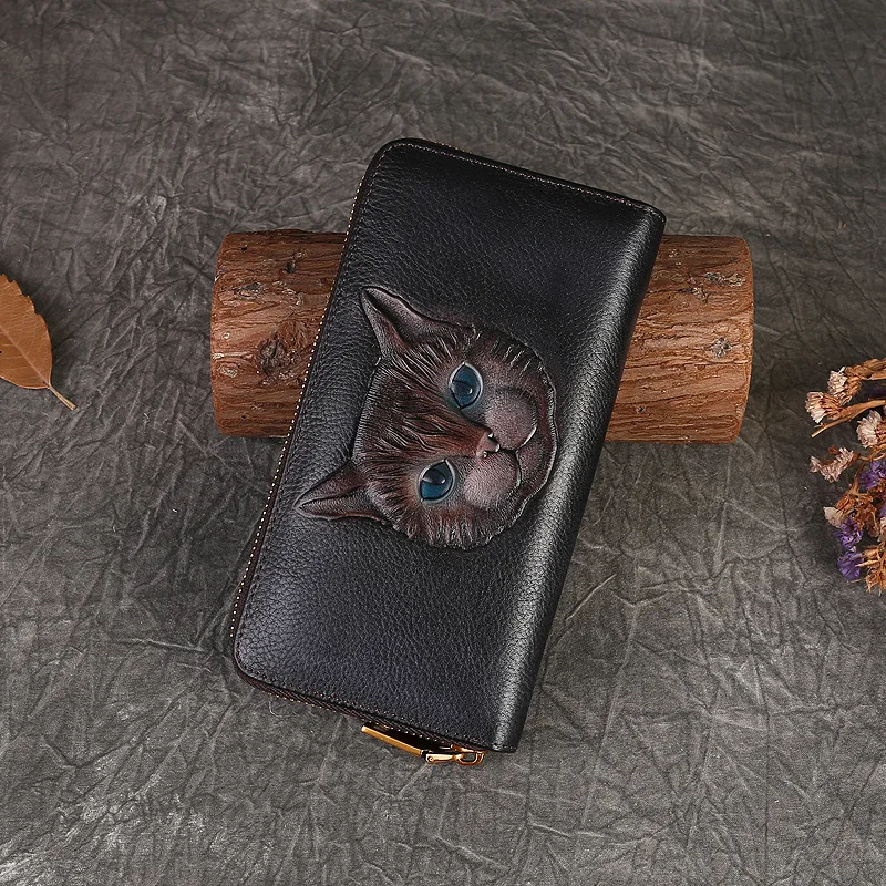 

Leather long Wallet With Embossed Cat, ID/Credit Card Slotzipper bag, Vintage Women's Handbag,Fashionable Cowhide Wallet