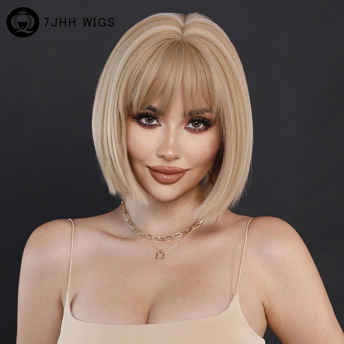 7JHH WIGS Ombre Blonde Bob Wig for Women Daily Party High Density Synthetic Highlight Brown Hair Wigs with Bangs Natural Looking