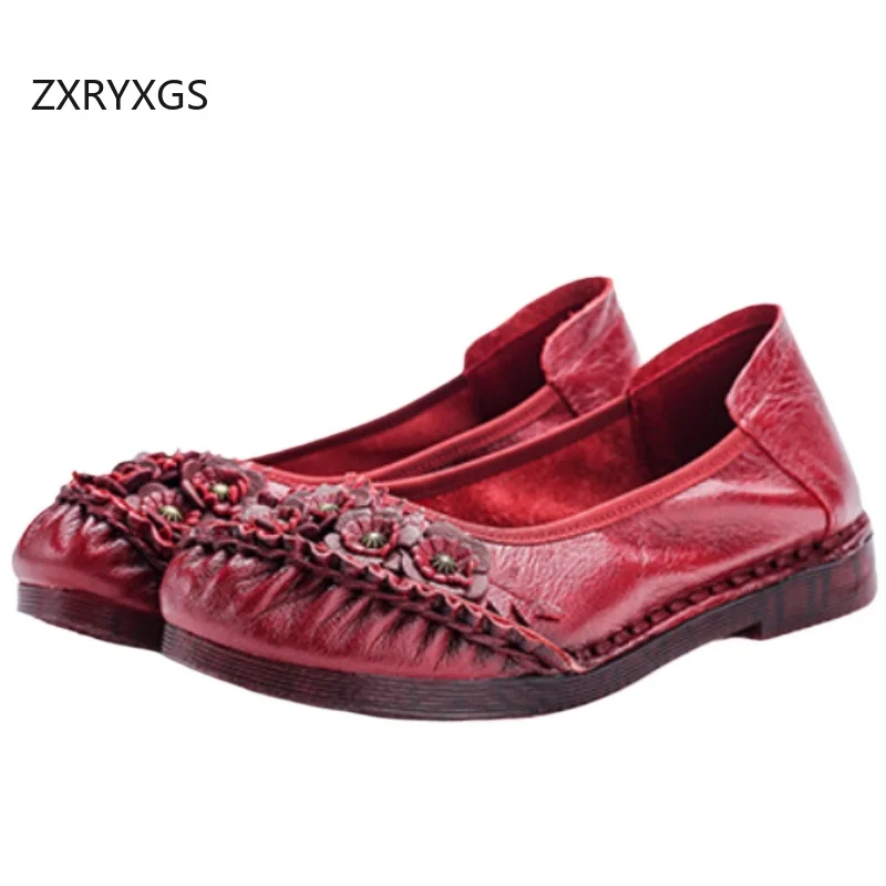 

ZXRYXGS 2026 New Genuine Leather Flowers Shoes Flat Cow Tendon Soft Sole Anti Slip Women Fashion Shoes Comfortable Banquet Shoes