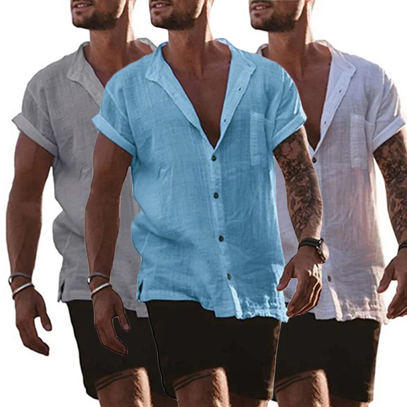 Cotton Linen Hot Sale Men\'s Short-Sleeved Shirts Summer Solid Color Stand-Up Collar Casual Beach Style Plus Size