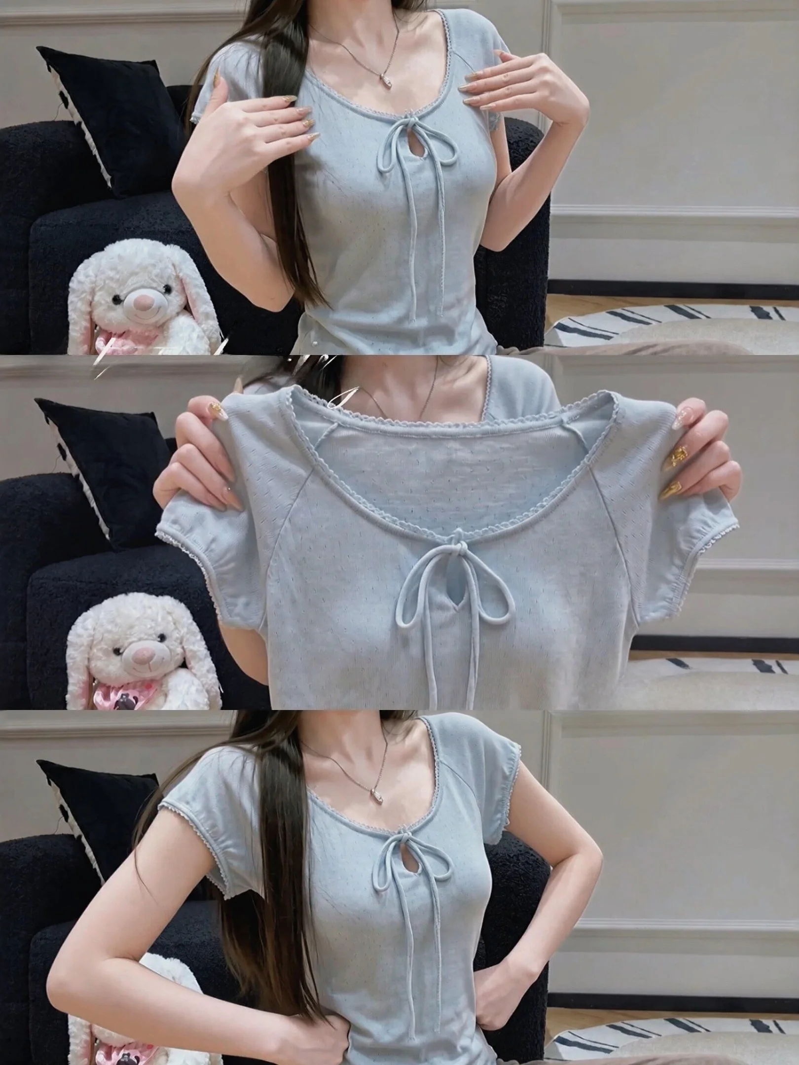 

Korean Style Lace Trim Belted Hollow Short Sleeve T-Shirt Women's Summer Slimming Fashionable Shoulder Top Breathable Skin-Fr...