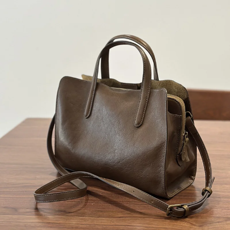 2026 Spring New Portable Top Layer Cowhide Women's Casual Tote Bag Small Leather Single Shoulder Crossbody Bag