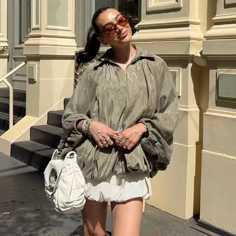 HXAO Women's Jackets Oversized Bomber Jacket Green Off White Outerwear Puff Plus Size Long Sleeve Coat Chic Elegant Loose Jacket view 3
