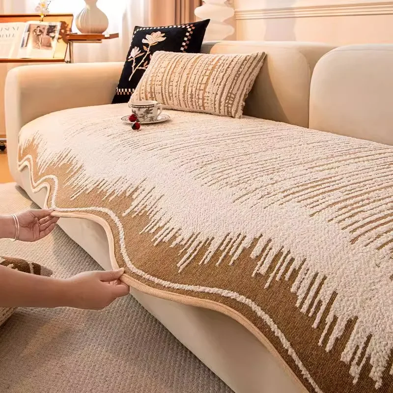 Fluffy Lines Jacquard Chenille Curved Hem Non-Slip Sofa Cover, for Living Room All Seasons Couch Seat Cover Sofa Towel Decor