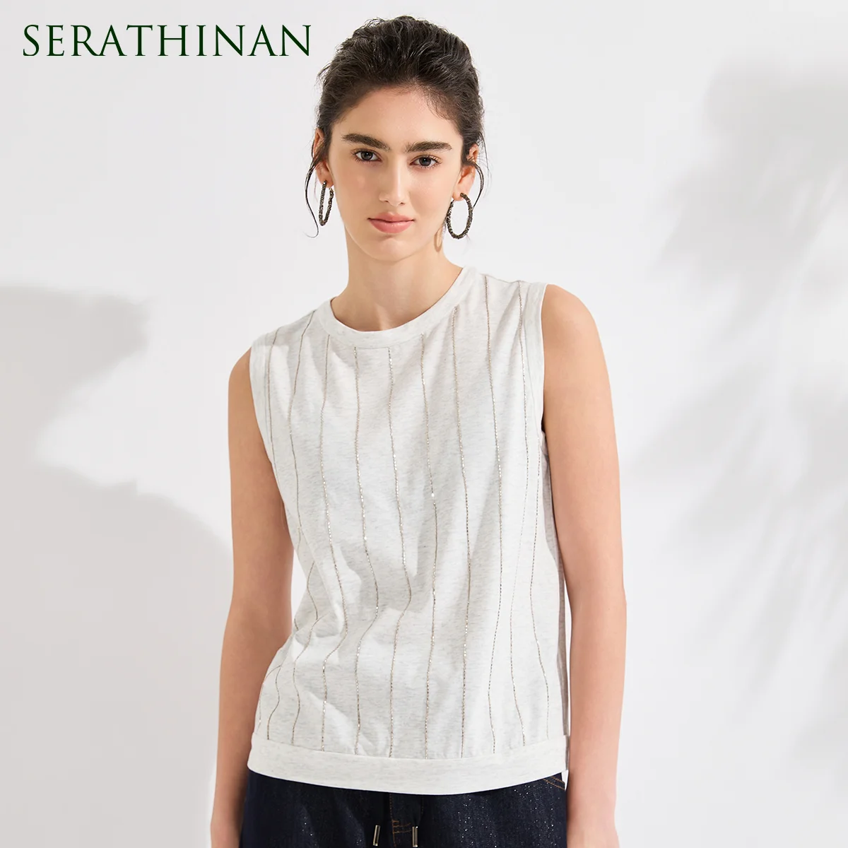 

KL7613648 Luxury Lyocell Cotton Linen Tank Top Women's Shiny Vertical Stripe Sleeveless Shirt High End Minimalist Soft Tops