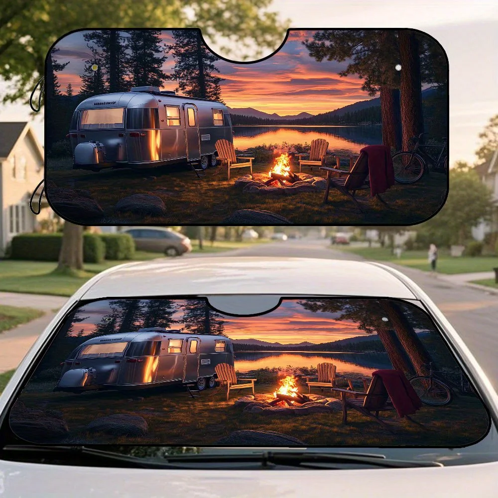 1pc Foldable Sunset Lake Camper Van Print Car Sunshade - Vibrant Outdoor Scene With Campfire & Mountain View, Durable Polyester,