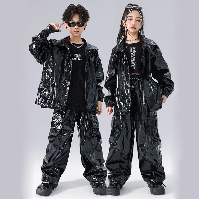 

Kid Cool Kpop Hip Hop Clothing Black Faux Leather Jacket Casual Ruched Cargo Pants for Girl Boy Jazz Dance Costume Clothes Set