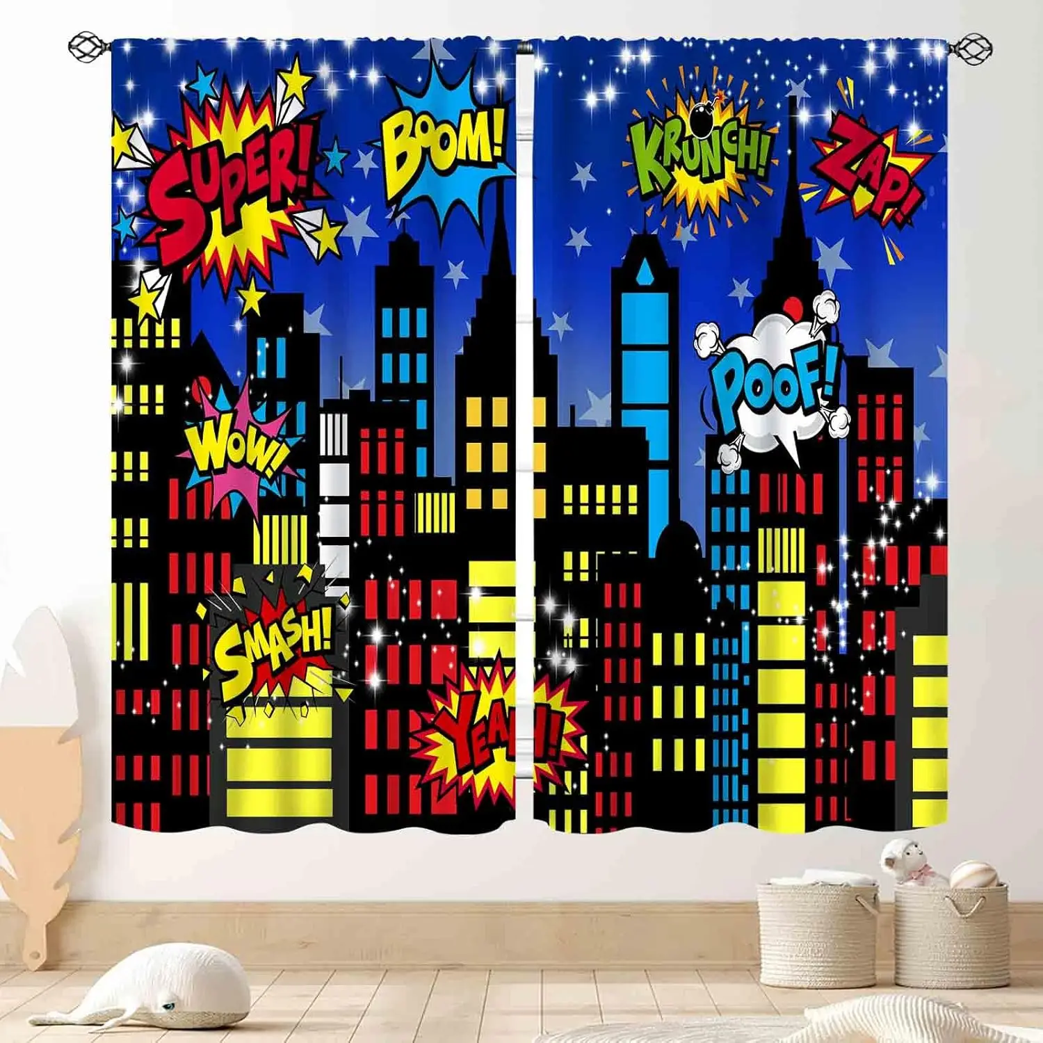 Superhero City Curtains, Comic Night Starry Skyline Cityscape Buildings Comic Blackout Window Curtains for Boys Kids Baby Room