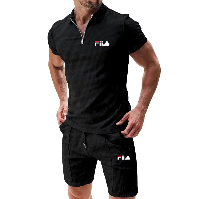 

2024 Summer New Men's Polo Neck T-shirt Shorts Set Solid Waffle Short Sleeve Slim Fit Polo Neck T-shirt Casual Sports Style