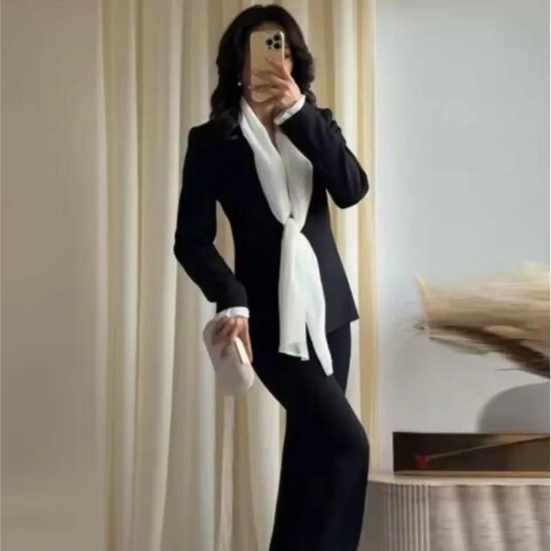Women's 2026 Scarf Contrast Blazer Spring New Fashion V-neck Long Sleeve Coats Casual  Female Office Outwears