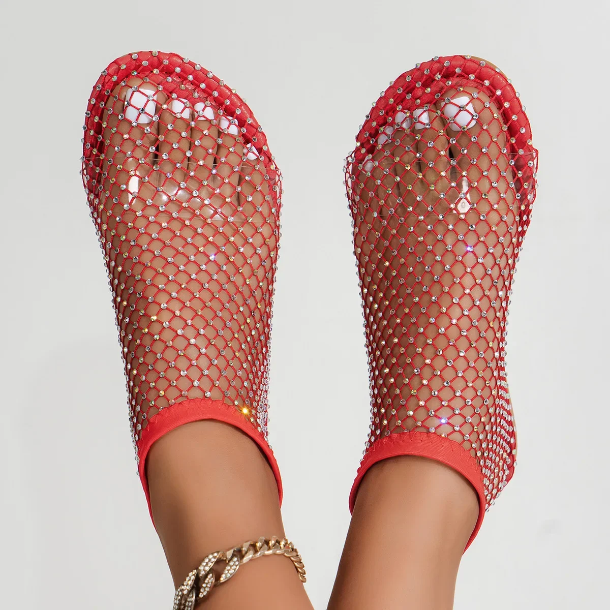 

Women's New Luxury Brand Round Toe Flat Bottom Sandals Hollow Short Boots Water Diamond Sexy Flat Bottom Shoes Plus Size 43 44