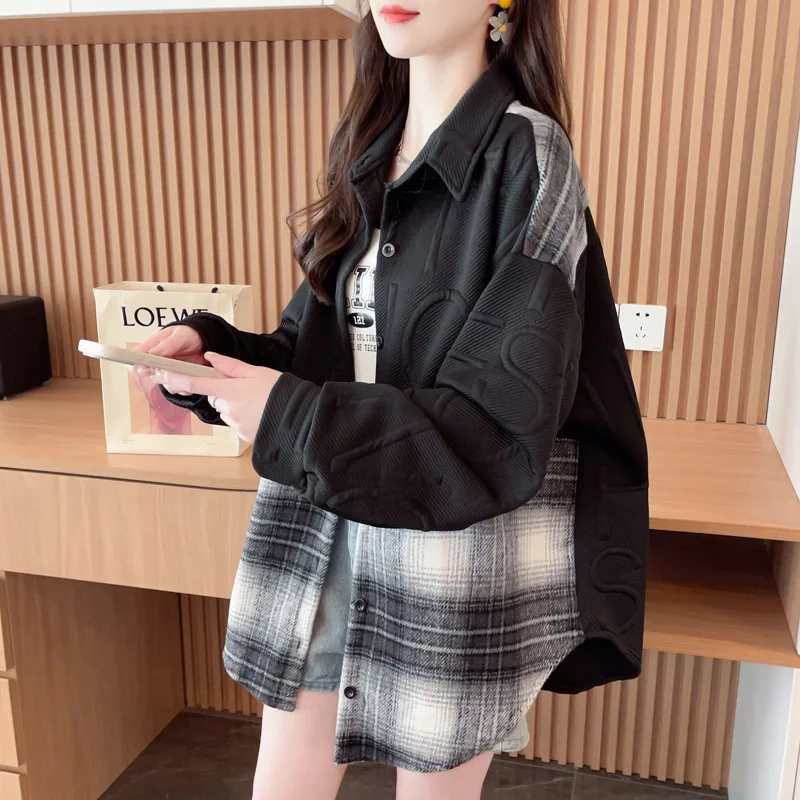 Women's spliced shirt coat, new arrivals for spring and autumn, Korean-style loose mid-length open cardigan.