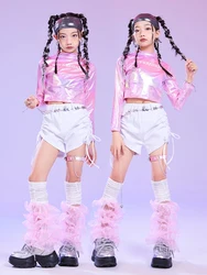 Kpop Girls Jazz Dance Costume Laser Pink Tops White Shorts Designable Catwalk Show Outfits Kids Hip Hop Competition Wear BL13829