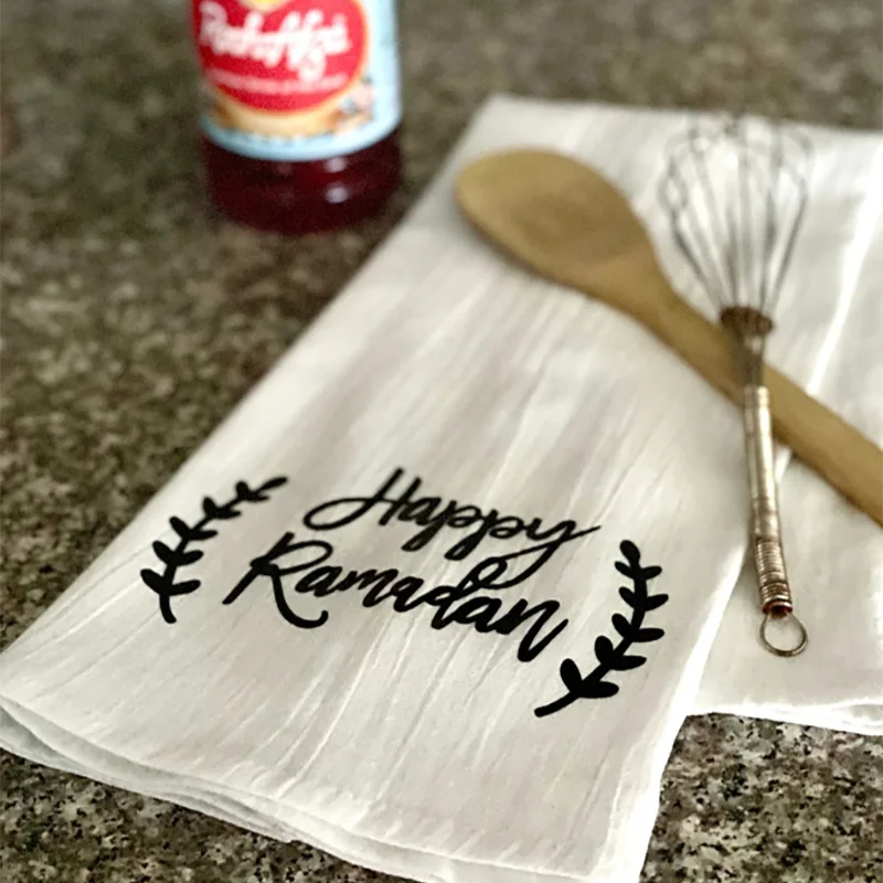 White Soft Happy Ramadan Kitchen Towel 1pcs for Muslim Gift Decoration Farmhouse Vintage Style Ramadan Decor for Muslim Favor