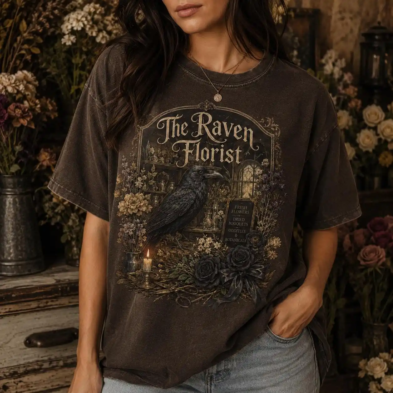 The Raven Florist Shirt,  Halloween Shirt, Gothic Raven Floral Tee, Dark Cottagecore Spooky Fall Shirt