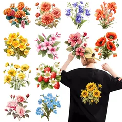 Cartoon Flower Bouquet Heat Transfer Sticker Vinyl DTF Patch Rose Sunflower Clothing Stickers Decoration Iron On Cold Torn Patch