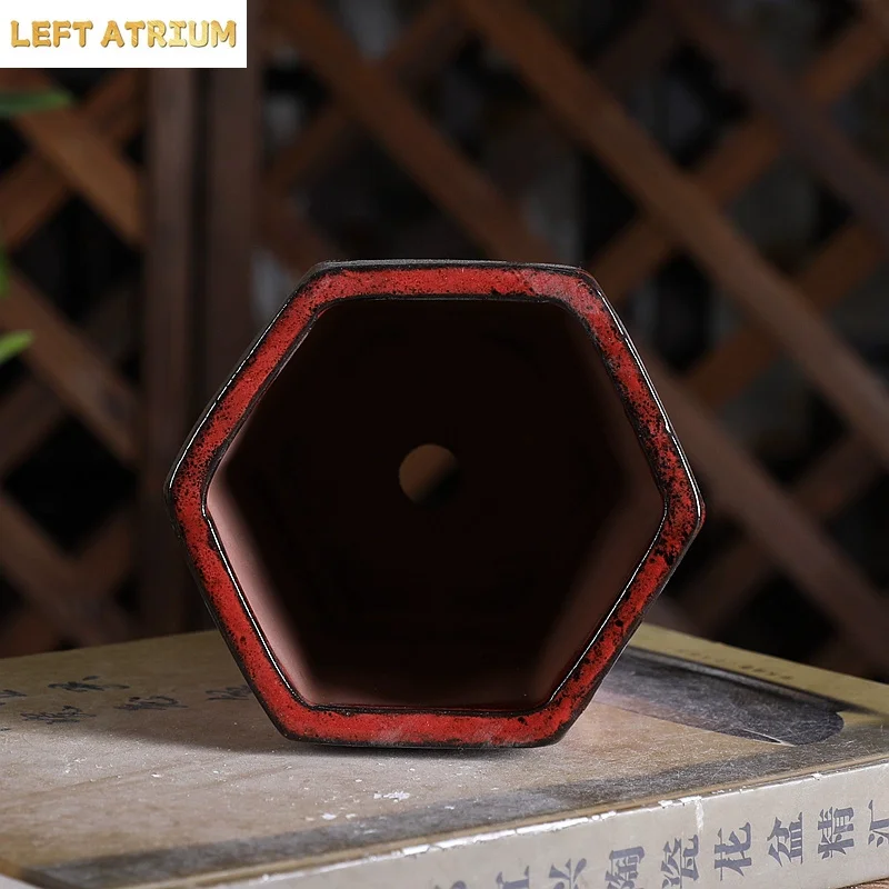 Ceramic Round Hexagon Bonsai Pot, Chinese Dormitory Room, Table, Garden Decoration, Colorful Glazed, Traditional, Chinese
