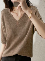 Cashmere Knitted Women Sweater Pullovers Half Sleeve V-Neck Autumn Basic Women Sweaters Loose Fit High Quality Top