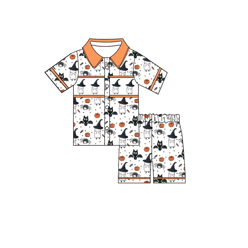 New boutique children's pajama set short-sleeved and shorts heart-shaped pockets Halloween bat-shaped pumpkins print