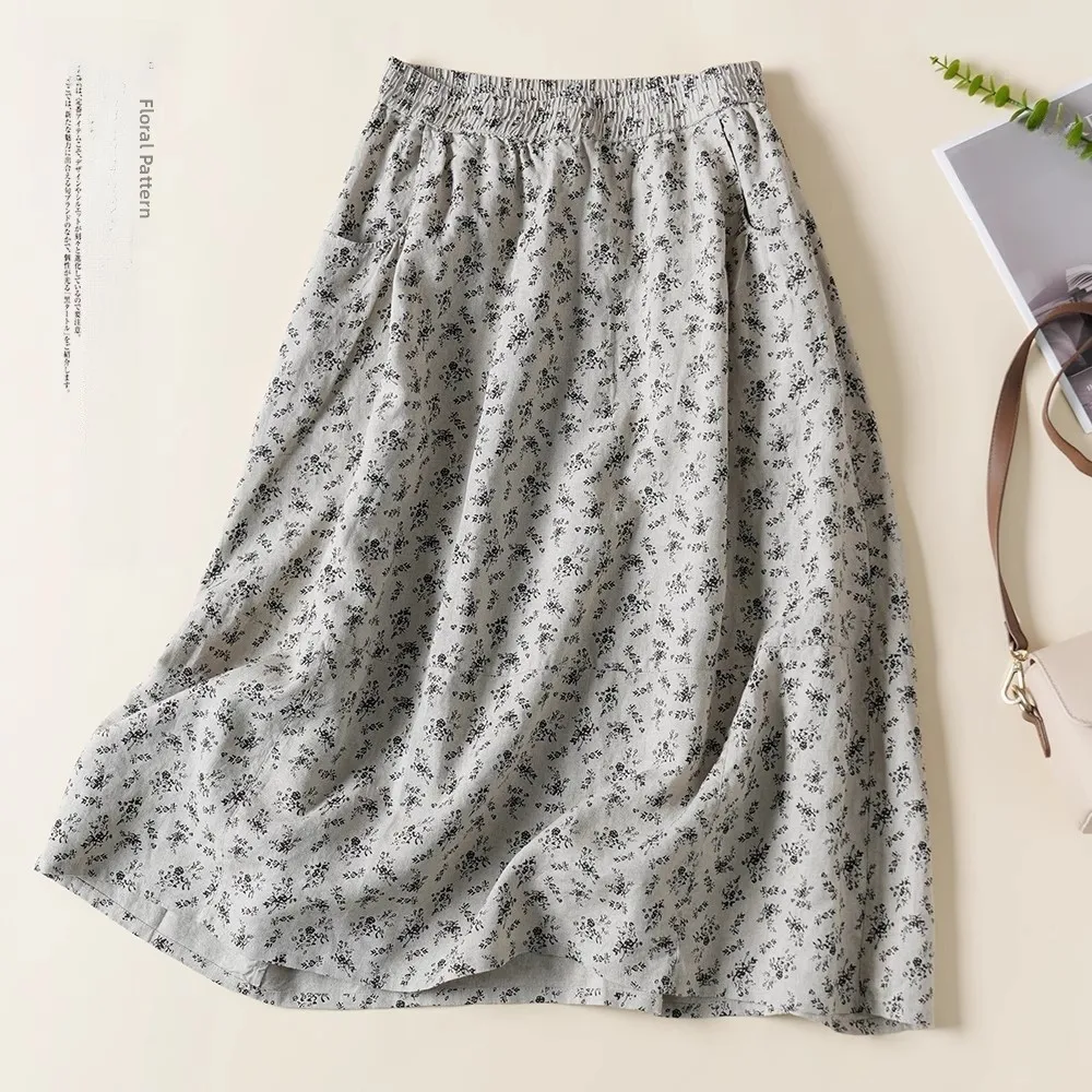 

Повседневная хлопково-льняная юбка средней длины с цветочным принтом, стройнящая, скрывающая бедра, модная, летняя, новый стиль, универсальная, омолаживающая.