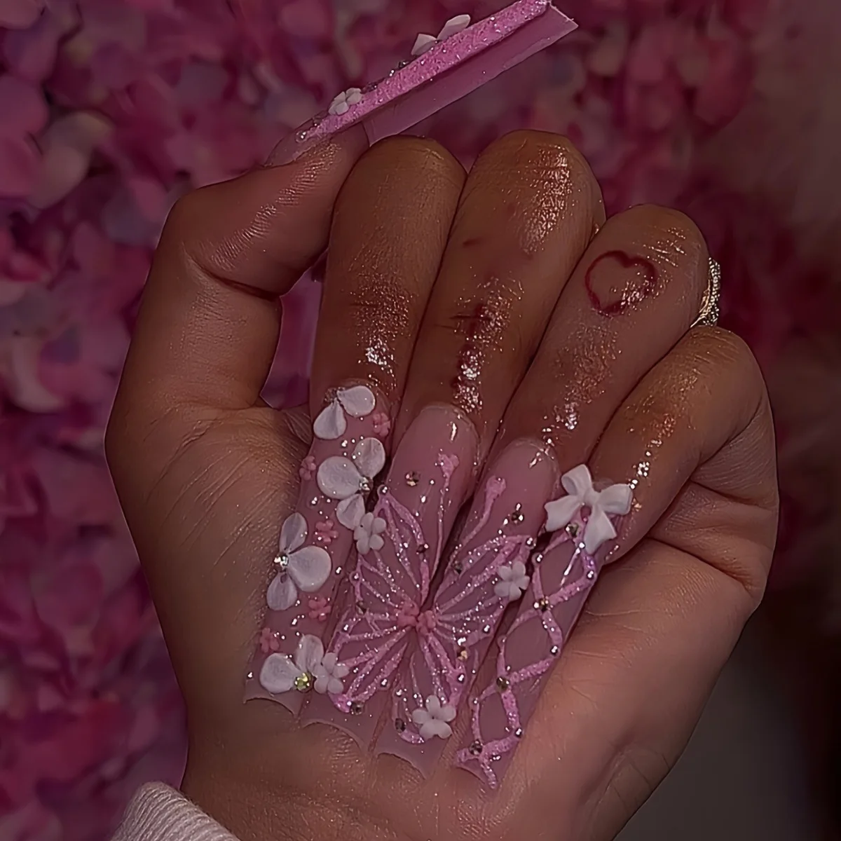 

24pcs Sweet Flower Butterfly False Nails Tips Pink Long Square Fake Nail Art Bow Rhinestone Press on Nails Set Finished Manicure