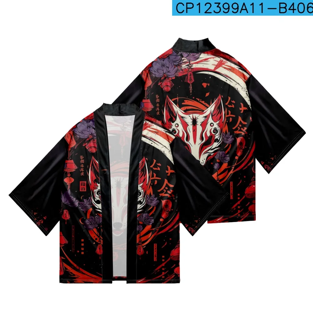 

Japanese Fox Print Cardigan Haori Beach Yukata Kimono Fashion Streetwear Men Women Asian Clothing Plus Size 5XL 6XL