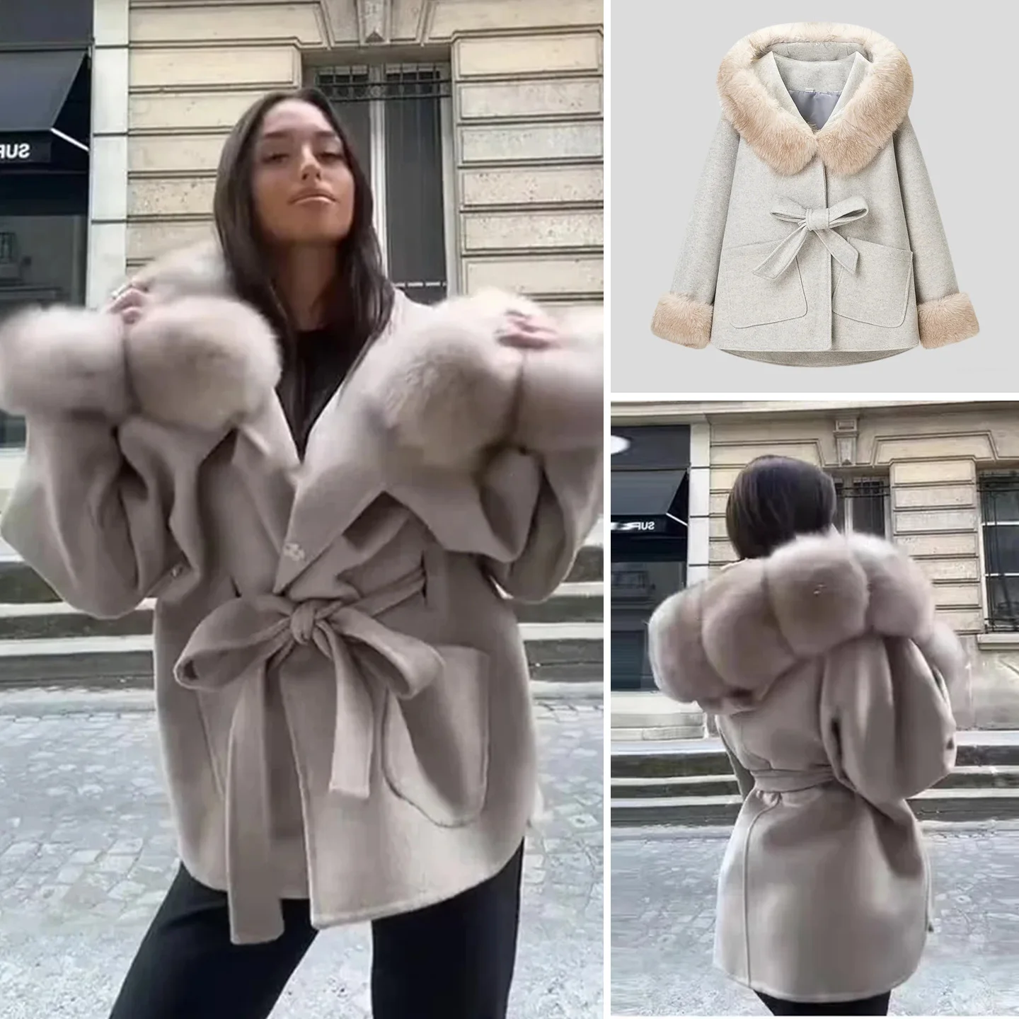 

Новинка Весны: Женское шерстяное пальто в британском стиле с капюшоном, длинными рукавами, воротником из искусственного меха и поясом-завязкой