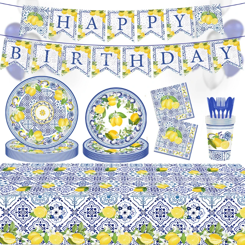 Vintage Blue And White Porcelain Lemon Fruit Birthday Party Tableware Disposable Paper Cups, Tissues, Tablecloths, Plates