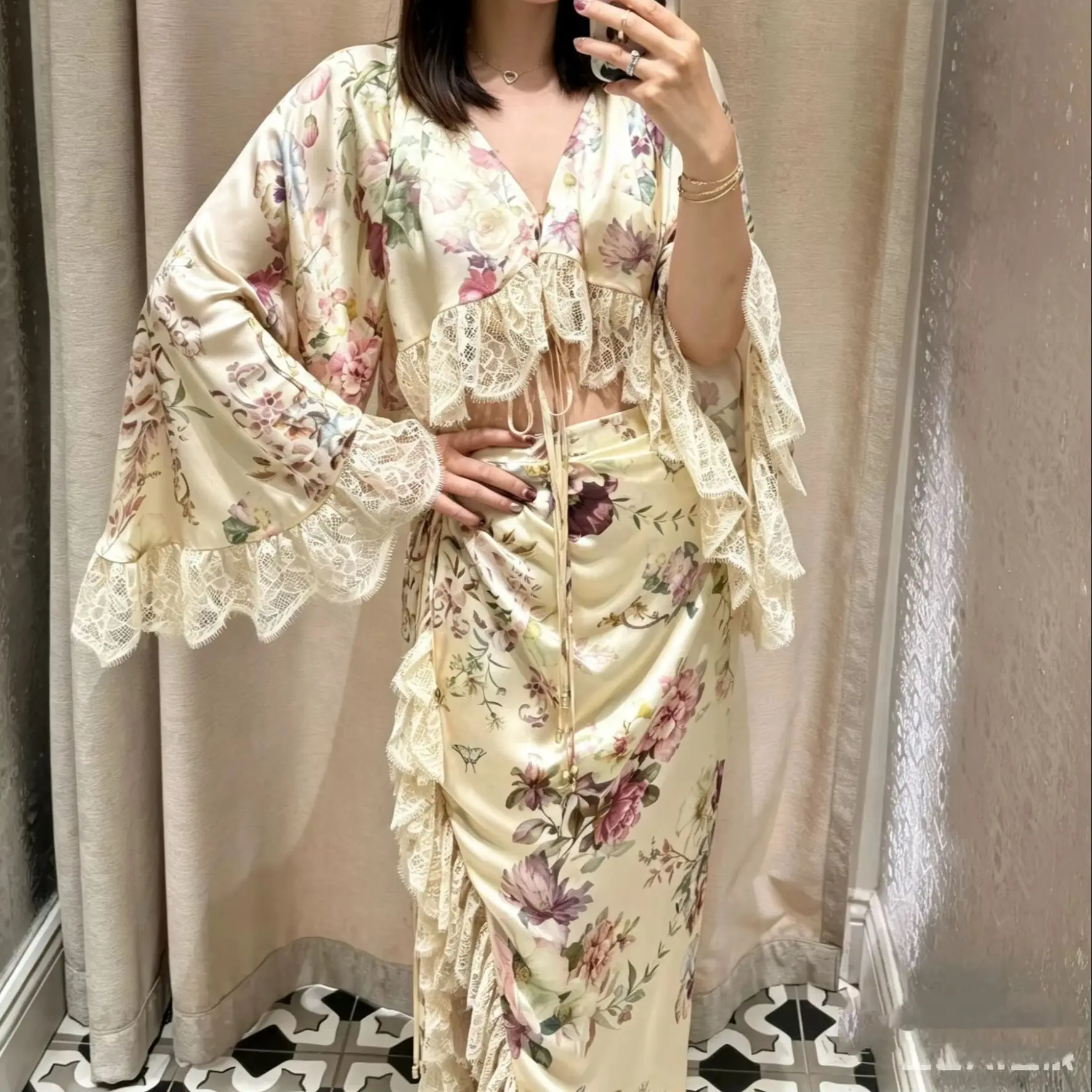 Women 100% Silk Floral Print Lace Spliced Set V Neck Flare Sleeve Top + Asymmetrical Hem High Waist Long Skirt Elegant Suit