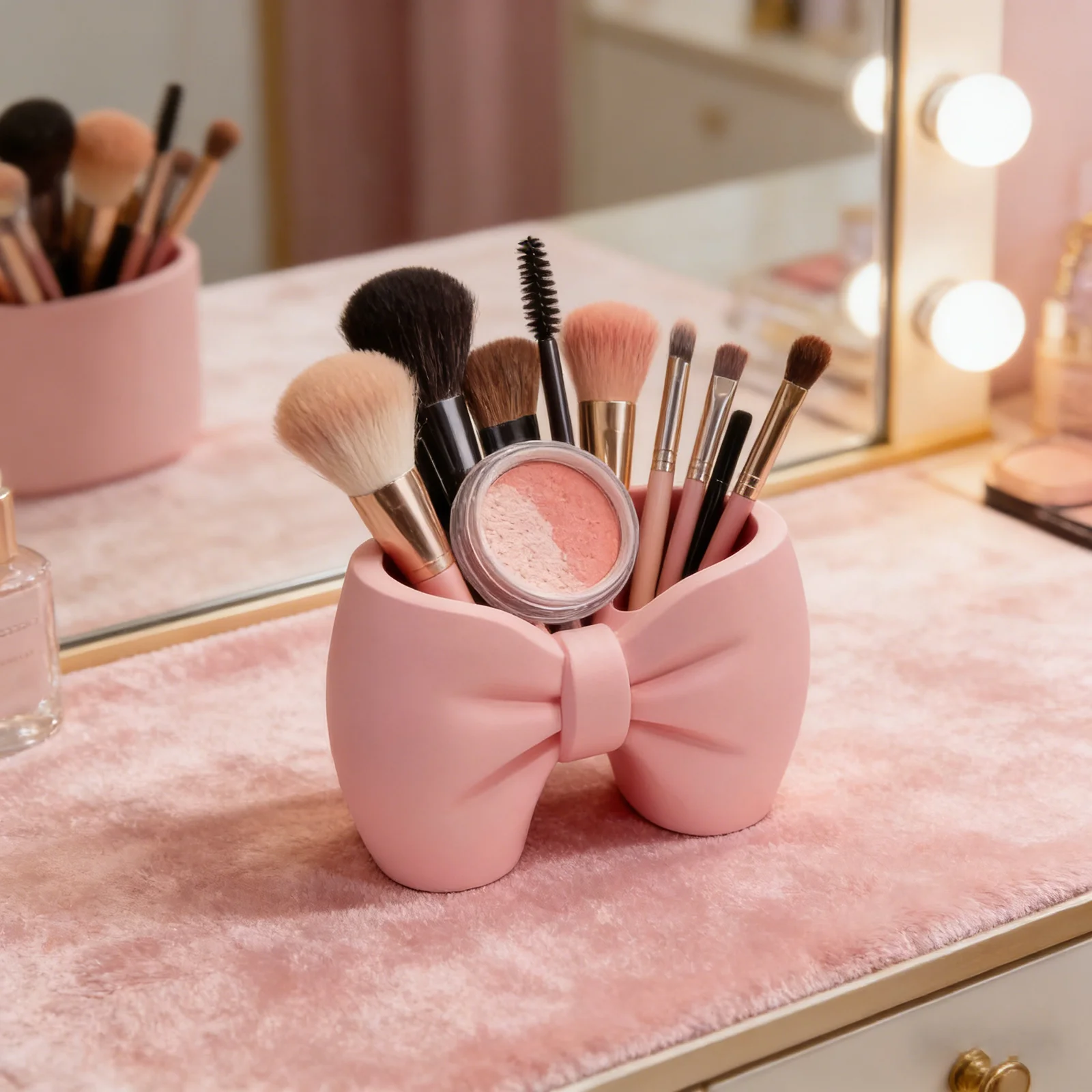 3D Printed Bow Shape Toothbrush Holder Cute Plastic Makeup Brush Rack Bathroom Storage Double-Basin Toothpaste Organizer