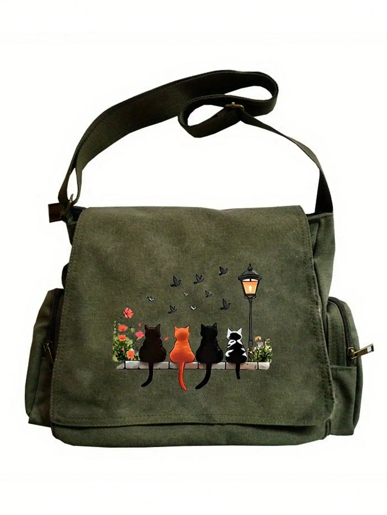

Оливково-зеленая холщовая сумка через плечо с принтом кошки и фонаря, застежкой-клапаном, большой вместимостью
