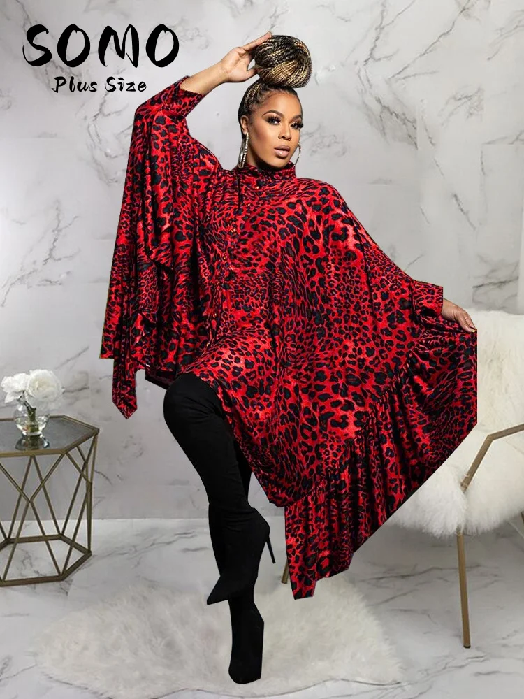 SOMO Plus Size Women Casual 2024 New Leopard Cape Long Batwing Sleeve Top Irregularity Shawl Single Button Shirt Collar Loose