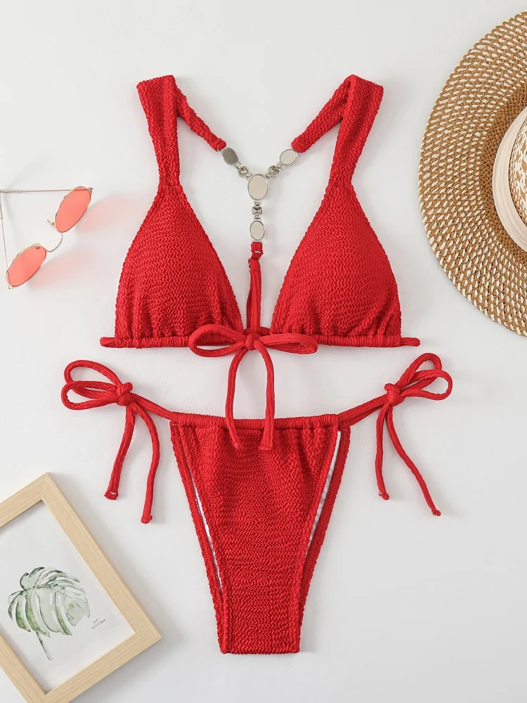 

Bikini Women Swimsuit 2025 New Solid Sling Bikinis Set Sexy Lace Up Pearl Decoration Swimwear Summer Beach Bathing Suit Female