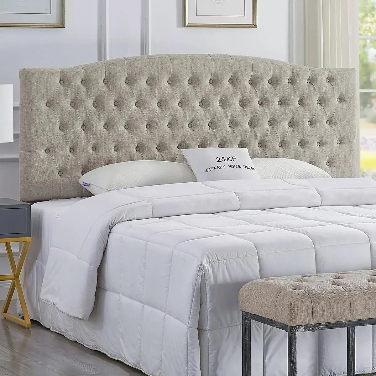 Linen Upholstered Tufted Button King Headboard and Comfortable Fashional Padded King/California King Size headboard - Linen