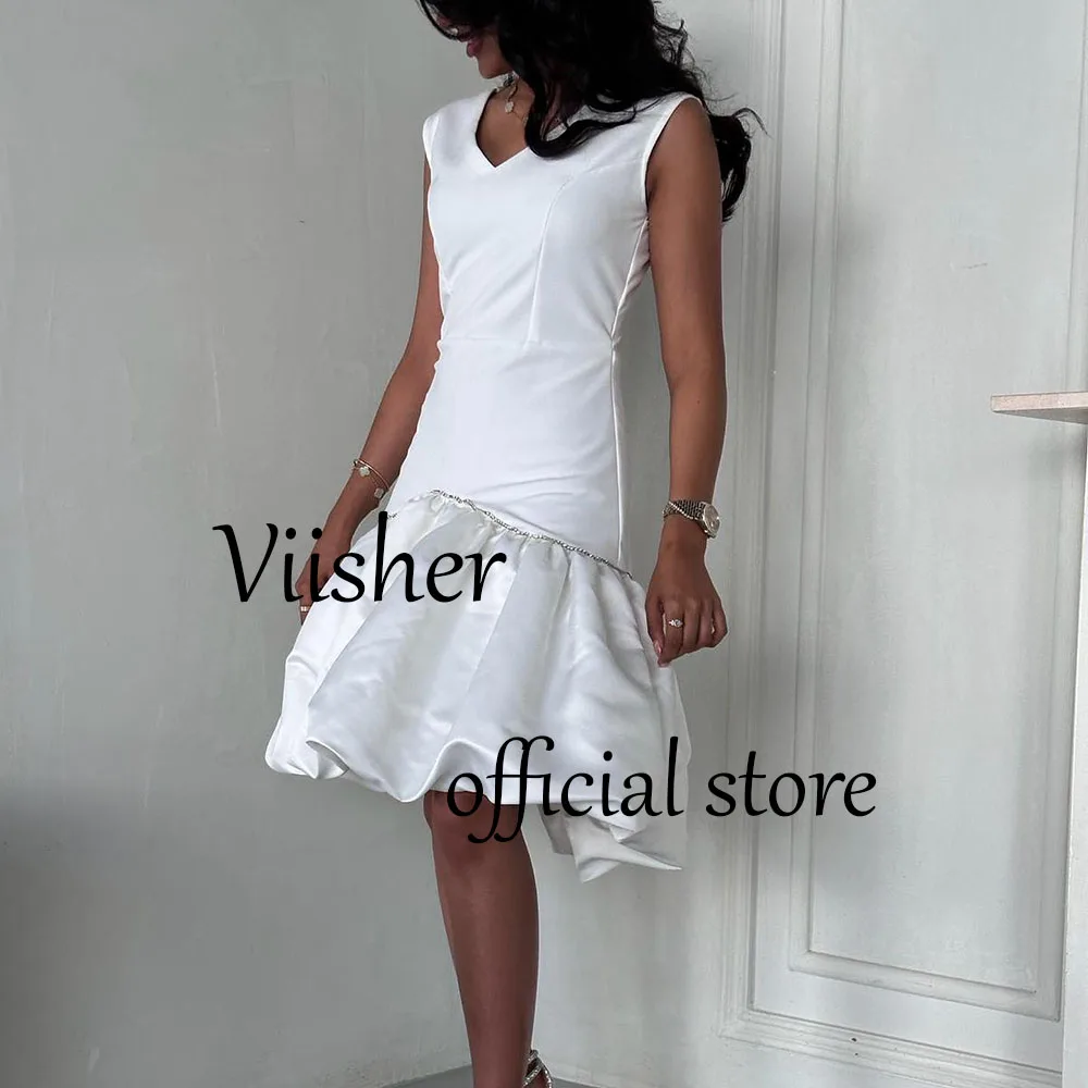 

Viisher White Mermaid Evening Dresses for Women Beaded Satin Arabian Dubai Prom Party Dress Knee Length Formal Occasion Gowns