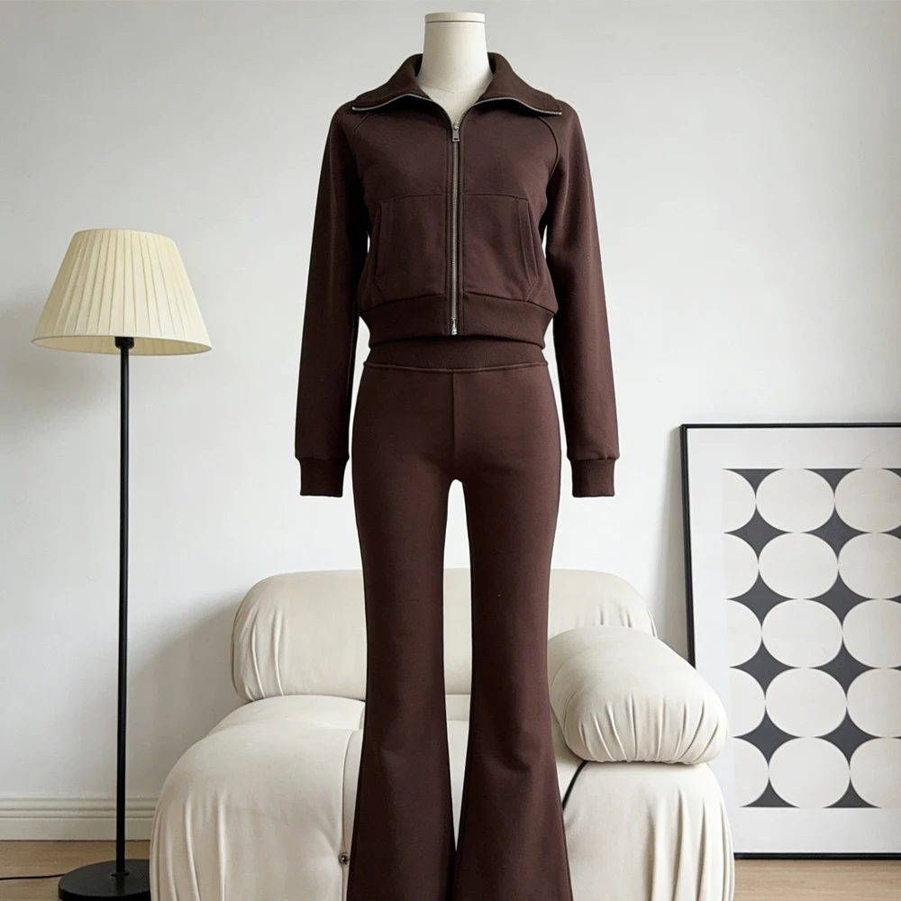 Autumn New Women's Casual Lapel Long-Sleeved Zipper Fleece Jacket + High-Waisted Daily  Versatile Flared Trousers Tops Suit