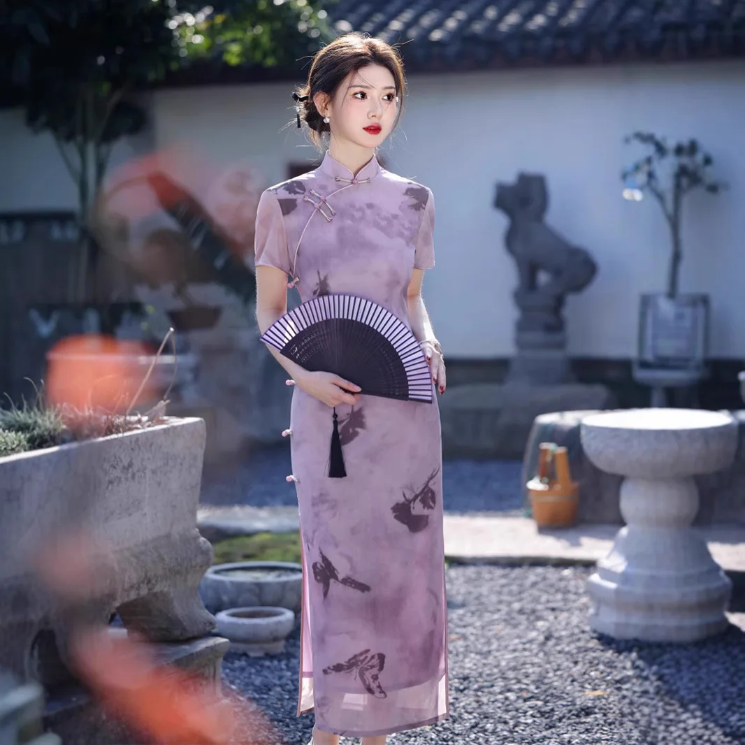 Summer New Mesh Print Double Layer Long Cheongsam Chinese Style Purple Butterfly Elegant Qipao Women  Chinese Style Dress SW-046