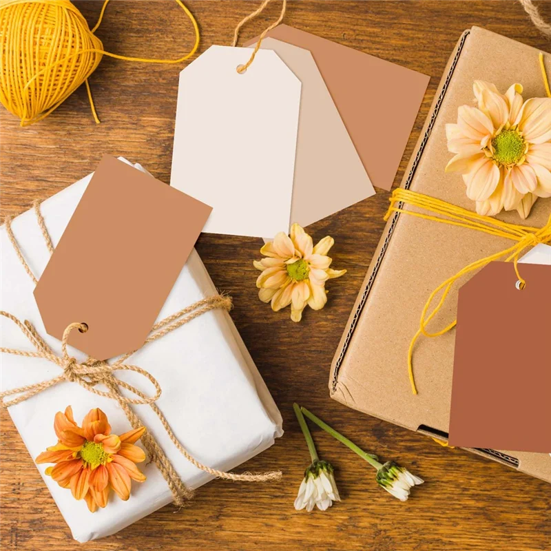SR-120Pcs علامات هدايا تيراكوتا 4 ألوان صلبة متدرجة ملصقات معلقة مع حبل علامات ورقية فارغة ملونة كبيرة، سهلة التركيب Bro