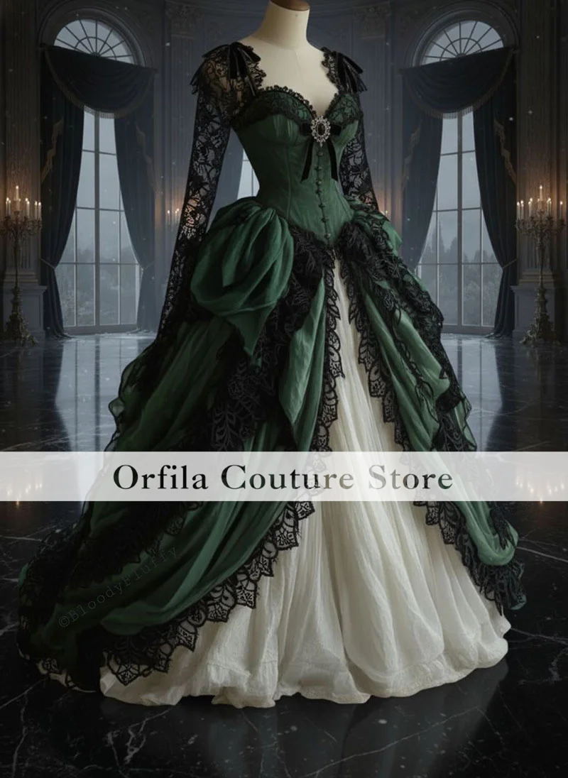 Green Gothic Wedding Dress Victorian Medieval Fairy Boho Bride Dress Cape Lace Whimsical Vampire Bridal Party