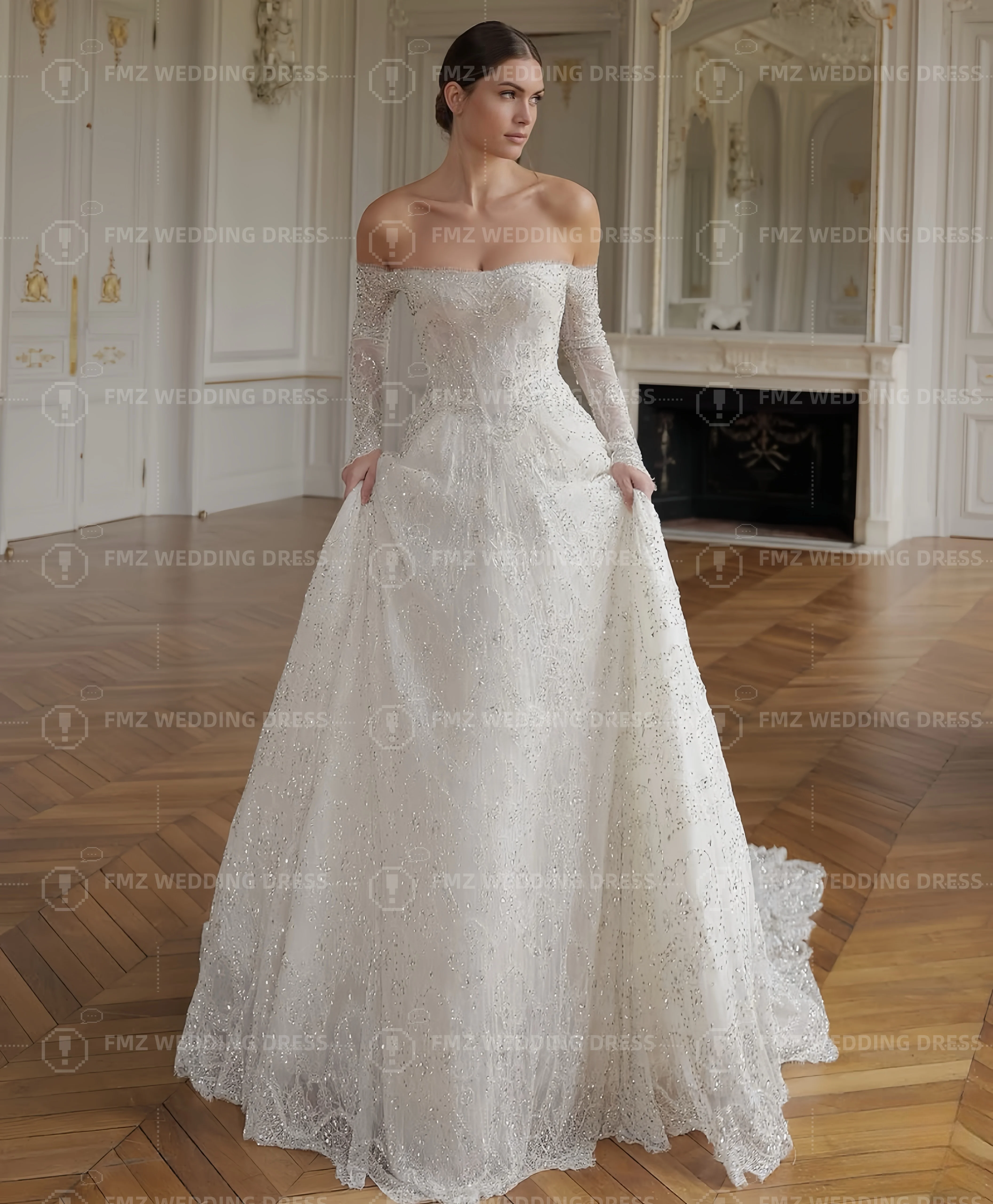 

Customzied strapless long sleeves A-LINE Beaded Luxury wedding dress vestidos de novia amanda novias amanda novias official