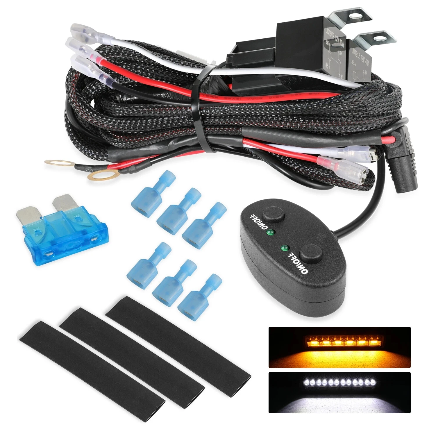 Amber White Dual Color Light Bar Wiring Harness Kit 16AWG with 12V Relay 15A Inline Blade Fuse Push Button Switch Nylon Harness