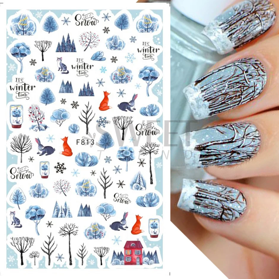 Winter Besneeuwde Nagels Art Design Witte Sneeuw Elanden Boom Wonderland 3D Sticker Nail Decoratie Leuke Pinguïn Beer Decal Accessoire SAF816