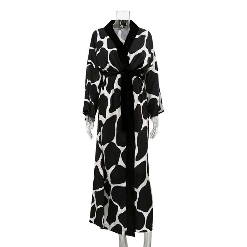 

2026 Home Casual Comfort Elegant Dress Trendy Lace Up V Neck Long Sleeve Maxi Dress Loose Print Women's Nightgown Dress