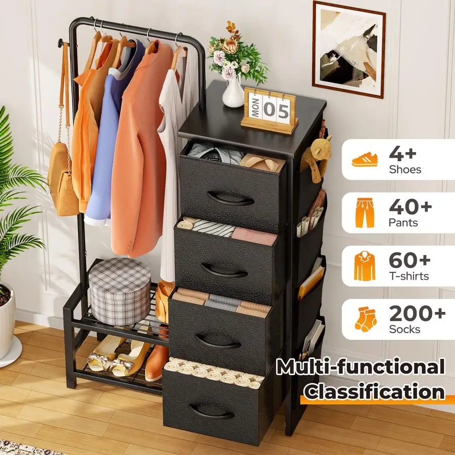 Cómoda con estante colgante, 4 cajones, 4 bolsas laterales, cómoda de tela con estantes inferiores, 52 perchero alto para mujer