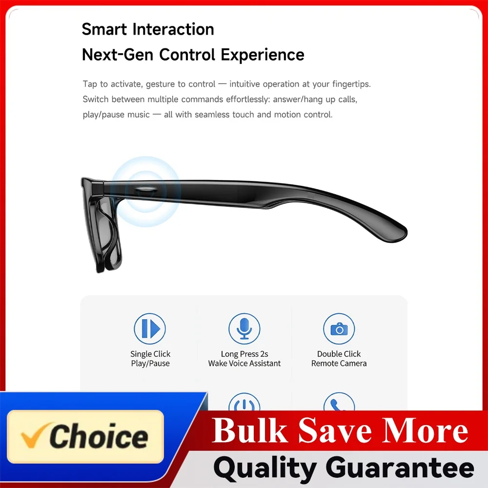Wearable Tech Glasses Music Control Music Headset Eyewear Eyeglass Voice Assistant with BT 6.0 Open Ear Speaker for Outdoor Use