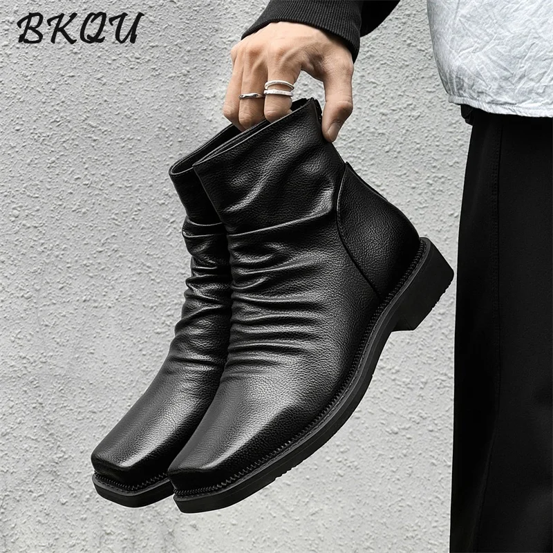 

BKQU High-top Shoes Chelsea Boots Men's 2025 Autumn New Style English Style Back Zipper Trendy Mid-calf Pointed Toe Ankle Boots