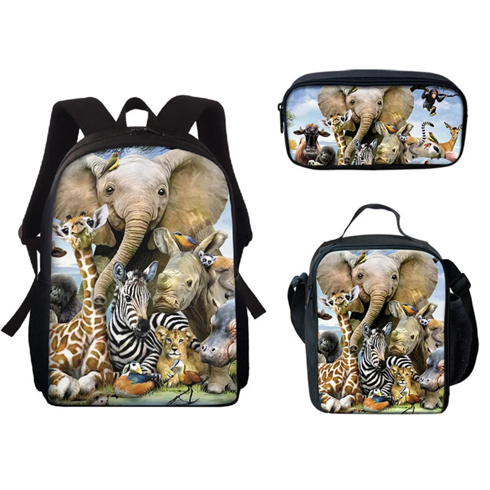 Engraçado Elefante Animais Mochilas Escolares, Impressão 3D, Mochila Pupila, Lunch Bag, Estojo para Lápis, Laptop Bag, Clássico e Criativo, 3PCs por Conjunto