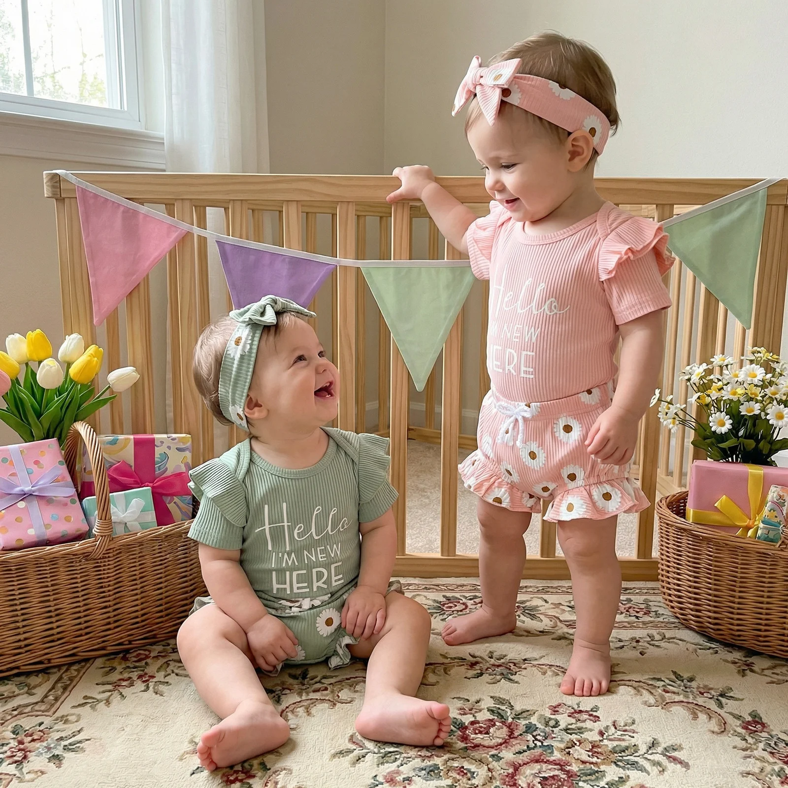 Baby Girls Summer Outfits Ruffle Short Sleeve Romper + Daisy Print Shorts + Headband Set Infant Clothes