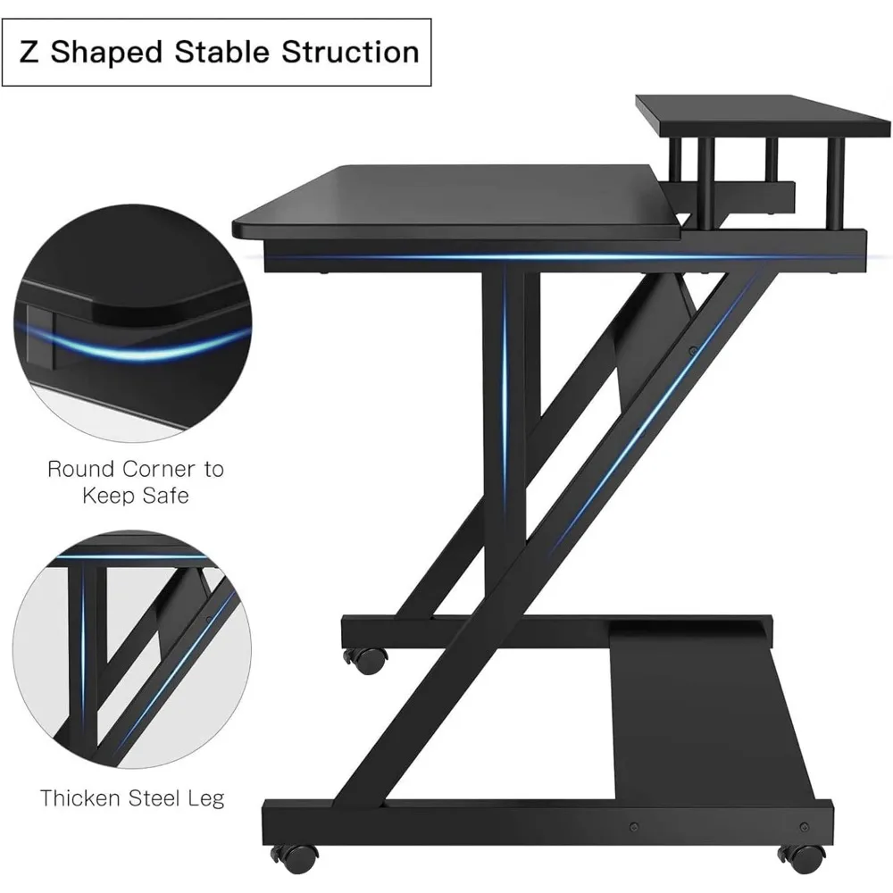 Computer Desk for Small Spaces,  Small Computer Desk, 3 Tier Compact Desk with Monitor Shelf and Bottom Storage Shelves