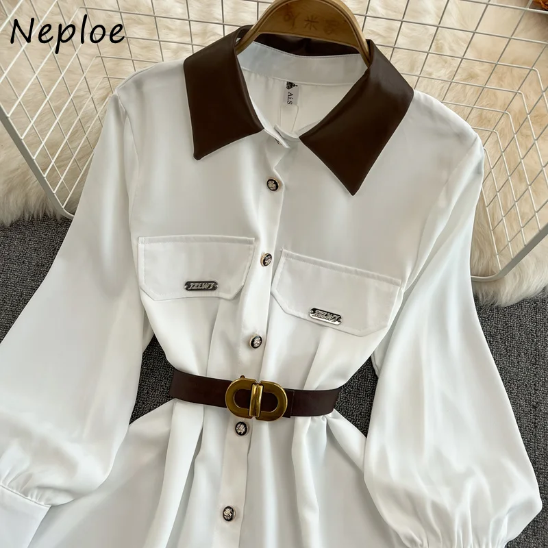 Neploe 2024 Spring New French Shirt Women Long Sleeve Temperament Mid-length Women\'s Tops Sashes Waist Single Breasted Shrts Top